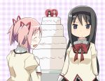  akemi_homura black_hair blush cake closed_eyes commentary eyes_closed food hair_ribbon hairband heart kaname_madoka long_hair mahou_shoujo_madoka_magica multiple_girls open_mouth pink_hair purple_eyes ribbon school_uniform shirika short_twintails smile sweatdrop twintails violet_eyes wedding_cake 