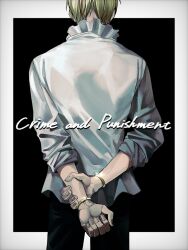  1boy back back_focus black_background blonde_hair crime_and_punishment curtained_hair english_text from_behind highres jewelry male_focus mlh7q one_piece sanji_(one_piece) shirt simple_background solo white_background white_shirt 