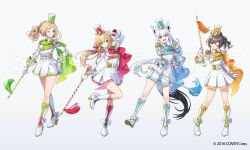  1st_generation_(hololive) 4girls :d :o ;) ;o akai_haato aki_rosenthal animal_ears blonde_hair blue_eyes breasts brown_hair commentary_request company_name copyright_notice dress fox_ears fox_girl fox_tail full_body gloves grey_background hand_on_own_hip holding_baton hololive leg_up long_hair medium_hair multiple_girls natsuiro_matsuri official_art one_eye_closed otton pentagram ponytail sample_watermark shirakami_fubuki shoes smile tail tassel teeth tongue upper_teeth_only v violet_eyes virtual_youtuber watermark white_dress white_gloves white_hair white_shoes 