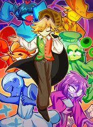  2girls 2others 3boys 99kuzirara99 absurdres aqua_(deltarune) black_hair blonde_hair blue_(deltarune) blue_skin boxing_gloves brown_pants cape chef_hat clenched_teeth collared_shirt colored_skin commentary_request cowboy_hat deltarune dress fang flowery_(deltarune) glasses green_(deltarune) green_hair green_skin green_vest gun hat highres holding holding_unworn_cape holding_unworn_clothes long_hair medium_hair multiple_boys multiple_girls multiple_others orange_(deltarune) pants paper purple_hair purple_skin seth_(deltarune) shirt sleeves_past_fingers sleeves_past_wrists smile teeth twitter_username two-tone_vest unbuttoned unbuttoned_shirt unworn_cape utdr_(toby_fox) vest weapon white_dress yellow_(deltarune) yellow_skin 