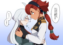  2girls absurdres ahoge asticassia_school_uniform black_hairband blue_background blue_eyes blush commentary curly_hair dark-skinned_female dark_skin from_side gradient_background green_jacket grey_eyes grey_hair gundam gundam_suisei_no_majo hair_between_eyes hairband highres hug jacket jellyfish_cut looking_at_another miorine_rembran multiple_girls natu4687 necktie ponytail red_hair red_necktie runny_nose school_uniform snot snot_trail speech_bubble suletta_mercury sweat translation_request white_background white_jacket yuri 