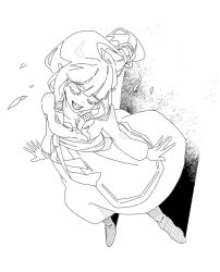  1girl blunt_bangs breasts closed_eyes commentary_request dress from_above full_body greyscale hair_ribbon korean_commentary long_dress medium_breasts monochrome open_mouth pointy_ears princess_zelda ribbon seza_game sidelocks sketch smile solo teeth the_legend_of_zelda the_legend_of_zelda:_skyward_sword upper_teeth_only white_dress 
