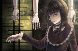  1girl 38 arm_at_side black_hair blunt_bangs bow bowtie brown_bow brown_bowtie brown_collar brown_shirt closed_mouth collar commentary doll_joints fatal_frame fatal_frame:_mask_of_the_lunar_eclipse frilled_collar frilled_sleeves frills haibara_ayako hand_up indoors joints looking_ahead looking_down puppet_strings shirt sidelocks solo two-tone_collar upper_body white_collar yellow_eyes 
