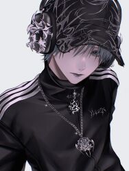  1boy black_shirt closed_mouth cross grey_background grey_hair headphones highres jacket jewelry long_sleeves looking_at_viewer male_focus mano_aaa necklace original shirt short_hair silver_necklace simple_background solo track_jacket upper_body 