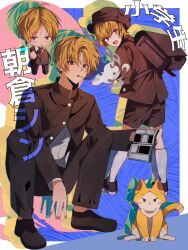  1boy ahoge backpack bag blonde_hair brothers brown_eyes cat chibi dog eating gakuran hat highres male_focus multiple_boys multiple_persona open_mouth pants reference_sheet sakamoto_days school_uniform short_hair siblings sitting smile solo stuffed_animal stuffed_toy sum_i 