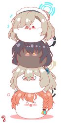  >_< +++ :d akane_(blue_archive) asuna_(blue_archive) black-framed_eyewear black_hair blank_eyes blue_archive blush braid brown_hair cleaning_&amp;_clearing_(blue_archive) closed_eyes closed_mouth colored_shadow commentary_request dark_skin eyes_visible_through_hair fang glasses grey_hair hair_bun hair_over_one_eye halo highres karin_(blue_archive) kurukurumagical maid_headdress neru_(blue_archive) shadow smile stacking v-shaped_eyes white_background xd yellow_eyes 