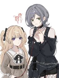  2girls bang_dream! bang_dream!_our_notes belt black_belt black_bow black_choker black_dress black_shorts blonde_hair bow brown-framed_eyewear choker commentary dress fishnet_pantyhose fishnets green_eyes grey_hair hair_bow highres holding holding_leash leash logo multiple_girls off-shoulder_dress off_shoulder open_mouth pantyhose shena_(windy061306) shinomiya_shizuku short_hair shorts shorts_under_dress simple_background sweatdrop two_side_up untranslatable_commentary violet_eyes white_background yakura_yomogi yuri 