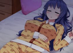  1girl :o =_= bed_sheet bedroom blue_hair blush breasts closed_eyes collared_shirt dutch_angle game_asset hand_up ikeda_(kasutera) large_breasts long_hair long_sidelocks long_sleeves lying night non-web_source official_art on_back pajamas pants pillow pixel_art self-datamine shirt sidelocks sleeping solo summer_memories visual_novel_cg yui_(summer_memories) 