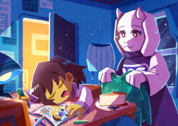  1girl 1other :3 absurdres animal_ears blanket bright_pupils brown_hair child closed_eyes colored_skin commentary_request covering_with_blanket crayon curtains desk desk_lamp drawing_(object) drooling fangs fewer_digits floppy_ears food fork frisk_(undertale) furry furry_female goat_ears goat_girl goat_horns highres holding holding_blanket horns indoors lamp no_nose open_door open_mouth pie pie_slice red_eyes short_hair skin_fangs sleeping smile toriel undertale utdr_(toby_fox) watawata22 white_pupils window yellow_skin 