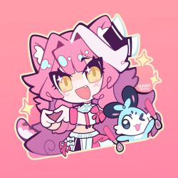  animal_ears bow chattino_(raora_panthera) cheering commentary crankie english_commentary hair_bow hair_intakes heart heart_hands highres holojustice hololive hololive_english multicolored_hair one_eye_closed panther_ears panther_girl panther_tail pink_background pink_hair pink_tail raora_panthera single_hair_streak streaked_hair tail virtual_youtuber white_streaks yellow_eyes 