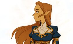  1girl blonde_hair blue_shirt breasts commentary english_commentary gold_trim layered_sleeves long_hair looking_to_the_side medium_breasts pointy_ears princess_zelda profile pubaaaas shirt shirt_under_shirt sidelocks sketch solo the_legend_of_zelda the_legend_of_zelda:_breath_of_the_wild triforce upper_body white_shirt 