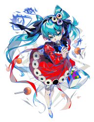 aqua_eyes aqua_hair bag black_headband black_ribbon candy commentary_request dress eyeball_hair_ornament food foreshortening frilled_dress frills from_above hatsune_miku headband highres holding holding_bag holding_candy holding_food holding_lollipop lollipop psi_(vocaloid) red_dress ribbon simple_background twintails vocaloid white_background wifi12341234 