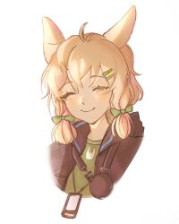  1girl ^_^ absurdres ahoge animal_ears arknights blonde_hair blush bow brown_jacket closed_eyes closed_mouth commentary cropped_shoulders ed_mackerel facing_viewer green_bow green_shirt hair_bow hair_ornament hairclip hatching_(texture) highres jacket kroos_(arknights) linear_hatching parallel_hairclips shirt short_hair simple_background smile solo white_background 