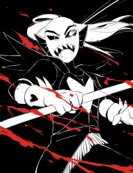  1girl 2018 2bori1 2d alternate_form anthro armor black_background black_sclera breastplate colored_sclera colored_teeth digital_media ear_fins female female_only fins fish fish_girl gauntlets genocide_route_(undertale) glowing glowing_eye head_fins high_contrast high_ponytail highres holding holding_polearm holding_spear holding_weapon long_hair monochrome monster monster_girl open_mouth polearm ponytail sharp_teeth simple_background slit_pupils solo spear splatter teeth third-party_source undertale undyne undyne_the_undying utdr_(toby_fox) weapon white_pupils 