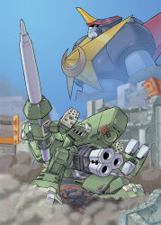  blue_sky building choukou_senki_kikaiou city commentary day dust_cloud highres horns kikaioh mecha mecha_focus missile_pod moukin_punch no_humans outdoors pile_bunker robot rubble ruins science_fiction single_horn sky super_robot untranslatable_commentary wise_duck yellow_eyes 