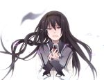  akemi_homura bad_id black_hair blurry bust depth_of_field glasses glasses_removed hairband hands_on_own_chest hands_to_chest highres kaguya_ame long_hair mahou_shoujo_madoka_magica open_mouth purple_eyes red-framed_glasses solo tears violet_eyes wavy_mouth 