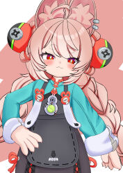 1girl absurdres animal_ear_fluff blush commentary_request earrings furry furry_female highres jewelry long_hair long_sleeves looking_at_viewer pink_fur pink_hair red_eyes simple_background smile solo standing to-jo twintails very_long_hair zenless_zone_zero zhao_(zenless_zone_zero) 
