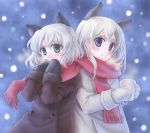  animal_ears blue_eyes blush coat cup eila_ilmatar_juutilainen gloves green_eyes long_hair mug multiple_girls porocha sanya_v_litvyak scarf shared_scarf short_hair silver_hair smile snow strike_witches white_hair 