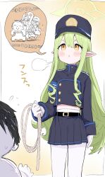  1boy 2girls :< absurdres armband black_jacket black_skirt blue_archive blue_armband blush_stickers doodle_sensei_(blue_archive) emanonta gloves green_hair green_halo halo hat highres hikari_(blue_archive) holding holding_rope jacket long_hair long_sleeves multiple_girls nozomi_(blue_archive) pantyhose peaked_cap pointy_ears puff_of_air rope sensei_(blue_archive) skirt speech_bubble standing very_long_hair white_gloves white_pantyhose yellow_eyes 