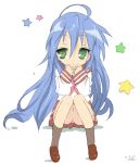  1girl blue_hair core_(mayomayo) green_eyes izumi_konata long_hair lucky_star school_uniform serafuku sitting 