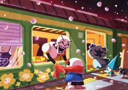  2boys ^_^ absurdres blue_jacket brothers closed_eyes colored_skin commentary_request dressing_another gloves highres ice_cap jacket multiple_boys open_mouth outdoors papyrus_(undertale) red_gloves red_scarf sans_(undertale) scarf scenery siblings snowdrake snowing through_window toriel train undertale utdr_(toby_fox) walking watawata22 white_skin window window_blinds 
