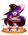  :o ahoge book dress eibon fire hat jewelry long_hair low-tied_long_hair magic monster_maker open_mouth purple_eyes purple_hair rufia_(monster_maker) shoes solo violet_eyes wand white_background witch witch_hat 