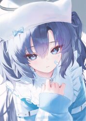  1girl alternate_costume aqua_bow arm_belt blue_archive blue_eyes blue_hair blue_jacket blue_nails bow fingernails frills halo high_collar highres huhi_(huhi_1211) jacket kazami_yuuka long_fingernails long_hair long_sleeves looking_at_viewer nail_polish shirt sleeves_past_wrists solo striped_clothes twintails upper_body vertical-striped_clothes 
