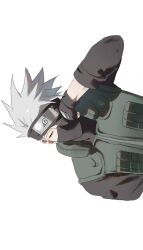  1boy arm_up black_shirt closed_eyes commentary covered_mouth flak_jacket forehead_protector green_jacket hatake_kakashi headband highres jacket konohagakure_shinobi_uniform konohagakure_symbol long_sleeves male_focus mask mouth_mask naruto_(series) one_eye_covered ranna_(rannano_0412) shirt sideways simple_background solo spiky_hair upper_body white_background white_hair 