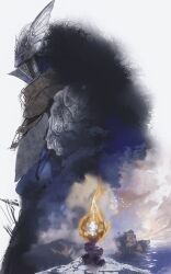  1boy armor blue_surcoat cape cliff elden_ring elden_ring_nightreign english_commentary fire from_side helmet highres landscape ocean pauldrons scale_armor shoulder_armor solo unfinished white_background winged_helmet wylder_(elden_ring) yujia0412 