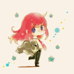  1girl black_boots black_pantyhose blue_eyes boots brown_jacket chibi chibi_only closed_mouth commentary_request dot_mouth full_body huwahuwa_youmou jacket long_hair looking_at_viewer makise_kurisu necktie off_shoulder open_clothes open_jacket pantyhose red_hair red_necktie science_adventure shirt solo standing standing_on_one_leg steins;gate white_background white_shirt 