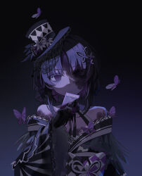  1girl absurdres bai12167474 bare_shoulders black_gloves black_hair black_hat black_kimono bruise bruise_on_face butterfly_hair_ornament butterfly_hat_ornament card closed_mouth commentary dress flower frilled_sleeves frills furisode gloves gradient_background hair_ornament hat hat_flower hat_ornament highres holding holding_card housho_margo injury japanese_clothes kimono lolita_fashion long_sleeves looking_at_viewer mahou_shoujo_no_majo_saiban neck_ribbon off-shoulder_dress off_shoulder ribbon short_hair simple_background solo spoilers top_hat untranslatable_commentary upper_body violet_eyes wa_lolita wide_sleeves witch_(manosaba) 