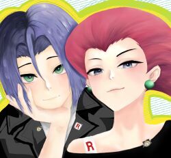  1boy 1girl blue_eyes blue_hair confident crop_top green_eyes james_(pokemon) jessie_(pokemon) logo looking_at_viewer pokemon pokemon_(anime) pokemon_(classic_anime) red_hair single_letter team_rocket team_rocket_uniform two_two 