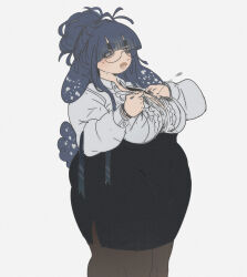  1girl animal_ears buttoning collared_shirt commentary commission curvy english_commentary formal_clothes frown glasses highres messy_bun original pantyhose pencil_skirt plump popped_button rabbit_ears shirt skirt skirt_suit slice_of_life sofia_davila suit 