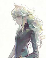  1boy black_shirt closed_mouth collared_shirt commentary_request cowboy_shot from_side frown green_eyes green_hair hair_between_eyes highres katahara_(no_108105) long_hair long_sleeves male_focus n_(pokemon) parted_bangs pokemon pokemon_black_and_white profile shirt simple_background solo white_background 