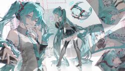 >_< 1girl absurdres aqua_eyes aqua_hair aqua_nails aqua_necktie arm_tattoo artist_name black_boots black_skirt boots chibi chibi_inset collared_shirt detached_sleeves grey_shirt hatsune_miku headset highres long_hair multiple_views nail_polish necktie number_tattoo one_eye_closed shirt skirt sleeveless sleeveless_shirt tattoo thigh_boots tie_clip twintails very_long_hair vocaloid xiao_xia_pin_pan zettai_ryouiki 
