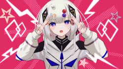  1girl :o black_shirt blue_eyes blush cevio food-themed_hair_ornament grey_hair grey_jacket hair_ornament hands_up hastur_(kamitsubaki_studio) highres hood hood_down hooded_jacket ice_cream_hair_ornament jacket kafu_(cevio) kamitsubaki_studio laplace_(kamitsubaki_studio) lightning_bolt_symbol medium_hair neko_hiiragi open_mouth red_background shirt simple_background solo upper_body 