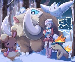  1girl absurdres animal bare_tree black_hair boots brown_eyes buneary coat commentary_request commission highres hikari_(pokemon) holding holding_animal holding_poke_ball korean_commentary mamoswine on_head outdoors pachirisu pink_boots piplup poke_ball pokemon pokemon_(creature) pokemon_on_head quilava smile snow standing togekiss tree ttrtag 