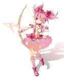  bow_(weapon) bubble_skirt chiyingzai gloves kaname_madoka magical_girl mahou_shoujo_madoka_magica pink_hair red_eyes shadow shoes short_hair simple_background weapon white_gloves wink 