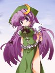  arms_behind_back beret braid china_dress chinese_clothes cosplay crescent hat hong_meiling hong_meiling_(cosplay) long_hair patchouli_knowledge purple_eyes purple_hair shirogane shirogane_(platinum) solo touhou twin_braids very_long_hair 