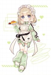  1girl apron brown_hair cherry_tomato closed_mouth commentary_request dotted_line food frilled_apron frills full_body green_jacket green_socks grey_eyes grid_background heart highres holding holding_plate jacket jersey_maid looking_at_viewer loose_socks maid maid_apron omelet omurice original pixelated plate rino_cnc shoes smile socks solo tomato track_jacket unconventional_maid white_apron white_shoes 