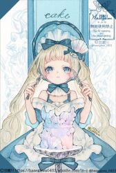  1girl alice's_adventures_in_wonderland alice_(alice_in_wonderland) apron artist_name bare_shoulders blonde_hair blue_bonnet blue_dress blue_eyes bonnet cake closed_mouth commentary_request copyright_notice cowboy_shot dated dress food fork hane_segawa holding holding_fork holding_knife knife long_hair off-shoulder_dress off_shoulder short_sleeves solo twitter_username watermark white_apron 