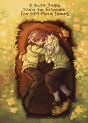  1boy 1other 2024 2d ambiguous_gender animal_ears animal_nose anthro asriel_dreemurr barefoot black_pants black_pantyhose body_fur brown_hair brown_shoes brown_shorts chara_(undertale) child closed_eyes commentary digital_media droopy_ears duo english_commentary english_text fangs floppy_ears flower from_above furry furry_male goat goat_boy goat_ears grass green_sweater highres horizontal-striped_clothes human inkspenn long_sleeves lying male mammal monster monster_boy on_side pants pantyhose shoes short_hair shorts single_horizontal_stripe skin_fangs striped_clothes striped_sweater sweater text two-tone_sweater undertale utdr_(toby_fox) white_fur yellow_flower yellow_stripes 