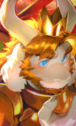  1boy armor asgore_dreemurr asgore_dreemurr_(dark_world) beard blonde_hair blue_eyes claws closed_mouth crimsonrabbit_(crimsonann) crown deltarune english_commentary facial_hair floppy_ears furry furry_male goat_horns gold_armor horns looking_to_the_side male_focus open_hand utdr_(toby_fox) white_fur 