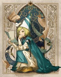  1girl aqua_cloak aqua_hat artist_name book brushbuddy cloak coco_(tongari_boushi_no_atelier) commentary conical_hat constellation english_commentary expressionless full_body green_eyes green_hair hand_up hat hat_tassel highres holding holding_paper inkwell long_hair long_sleeves magic_circle miritto open_book paper procreate_(medium) qifrey's_atelier_apprentice_uniform quill short_hair solo squatting tongari_boushi_no_atelier wizard_hat 
