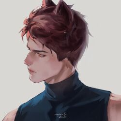  1boy 2026 animal_ears black_shirt brown_eyes closed_mouth commentary grey_background kemonomimi_mode love_and_deepspace male_focus neyiarts red_hair shirt short_hair signature sleeveless sleeveless_turtleneck solo sparkle turtleneck untranslatable_commentary upper_body valko_(love_and_deepspace) wolf_boy wolf_ears 