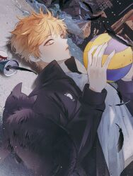  1boy animal ball bird black_cat blonde_hair cat haikyuu!! highres holding holding_ball jacket long_sleeves looking_at_viewer lying male_focus orange_hair shirt short_hair solo sum_i unworn_headwear upper_body yellow_eyes 