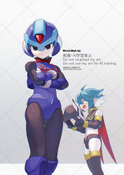  2boys armor black_armor black_eyes black_helmet blue_armor blue_hair blue_helmet closed_eyes commentary_request cowboy_shot crossed_arms forehead_jewel grey_background helmet hidden_phantom_(mega_man) highres holding holding_unworn_helmet male_focus mega_man_(series) mega_man_zero_(series) multicolored_hair multiple_boys red_scarf scarf short_hair two-tone_hair unworn_headwear unworn_helmet white_hair x_(mega_man) yamanashi_taiki 
