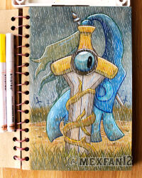  animate_object art_tools_in_frame colored_pencil_(medium) commentary_request grass highres honedge marker marker_(medium) mexfan12 mixed_media no_humans one-eyed outdoors painting_(medium) pen_(medium) photo_(medium) plant planted pokemon pokemon_(creature) pokemon_focus rain solo spanish_commentary sword traditional_media vines watercolor_(medium) weapon 