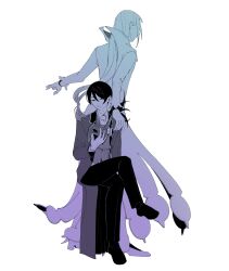 2boys ascot chisha_gold closed_eyes closed_mouth coat coattails collared_shirt crossed_legs facing_away facing_viewer full_body hair_between_eyes hand_up highres holding invisible_chair jacket jewelry kadaiowaran0205 lapels long_hair long_sleeves low_ponytail male_focus monochrome multiple_boys open_clothes open_coat pants ponytail popped_collar purple_theme re:zero_kara_hajimeru_isekai_seikatsu shirt shoes simple_background sitting smile standing tailcoat vest vincent_vollachia white_background 