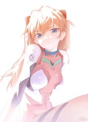  1girl blue_eyes bodysuit breasts closed_mouth expressionless highres interface_headset_(evangelion) long_hair looking_at_viewer mecha_pilot_suit neon_genesis_evangelion orange_hair plugsuit_(evangelion) red_bodysuit shewadap simple_background solo souryuu_asuka_langley upper_body white_background 
